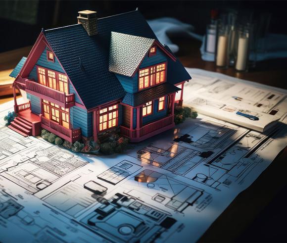 3d house model sitting on house plans